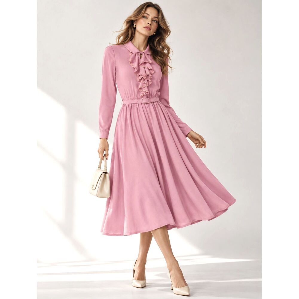 Vintage R&K Originals Dusty Rose Pink Ruffle Dress with Matching Belt Midi M